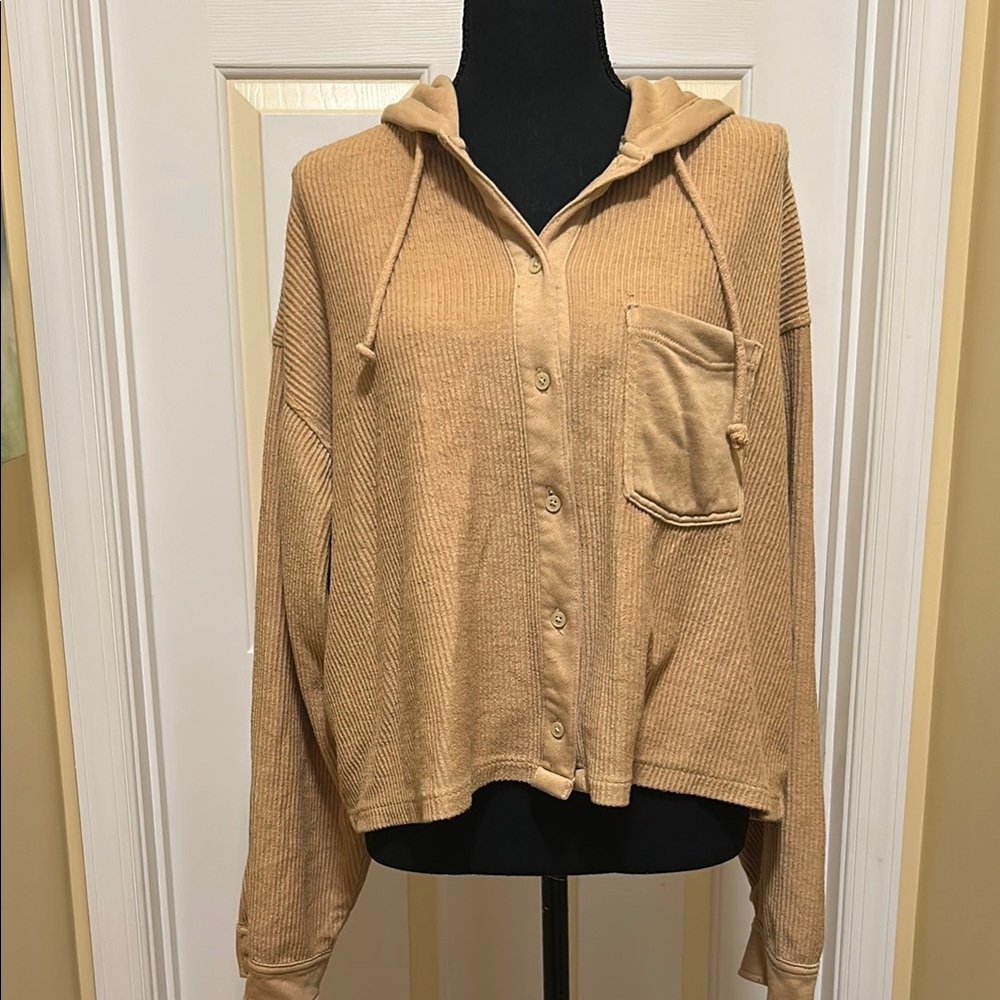 American Eagle Outfitters Tan Hooded Button-Down Jacket